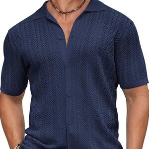 Navy Knit Button-Up Polo- Large